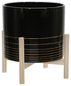 12" Ceramic Metallic Planter With Wood Stand, Black
