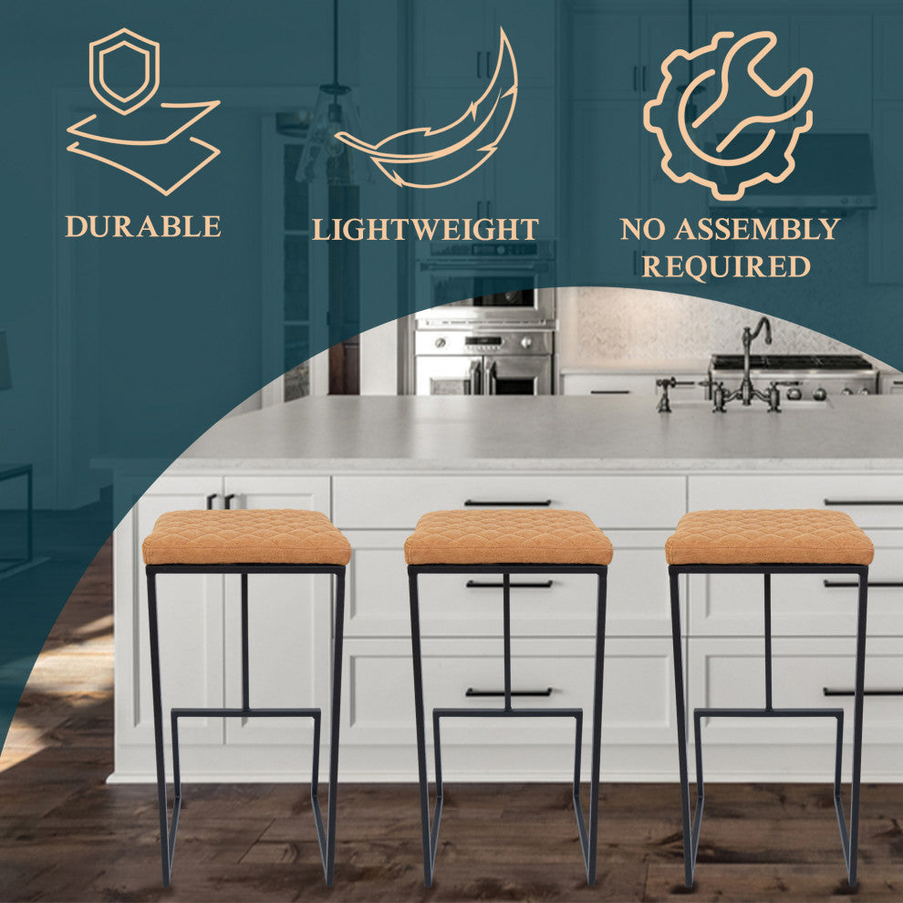 Quincy Square Barstool with Leather Seats and Metal Frame with Footrest, Light Brown