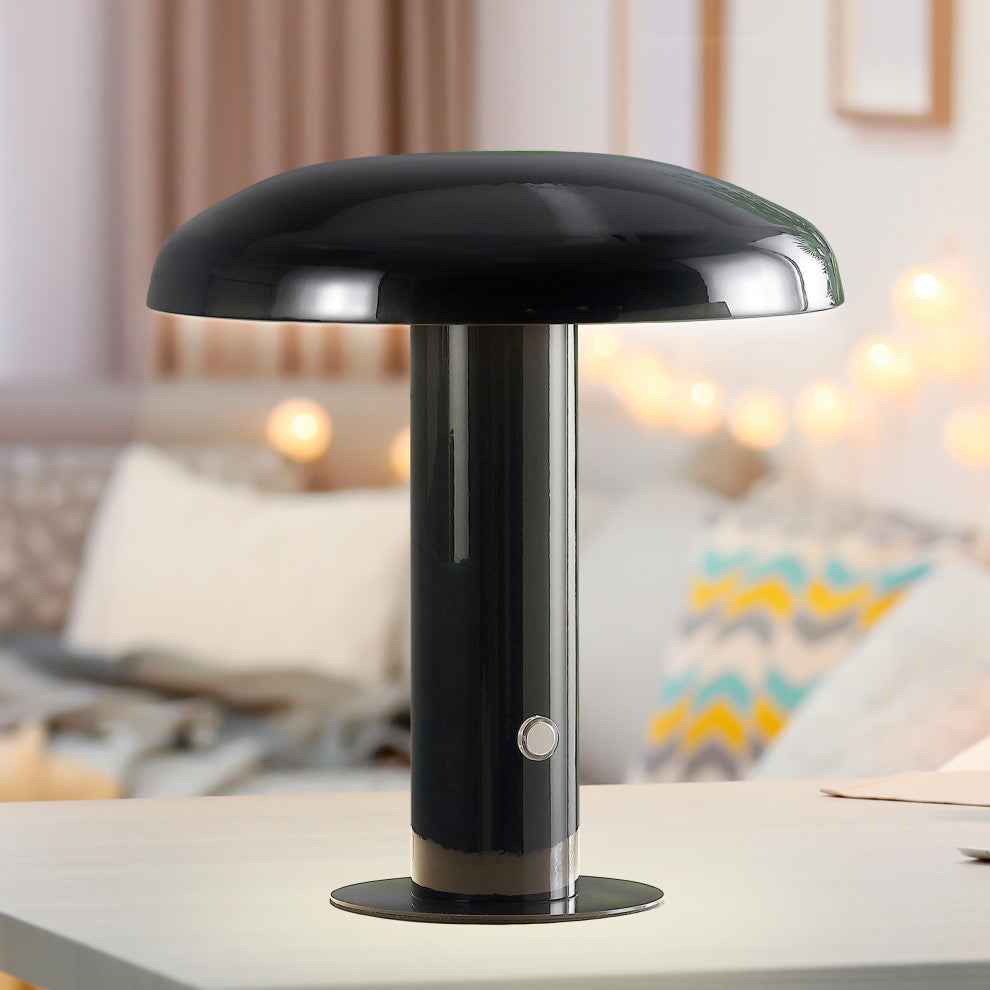 Suillius 11" Rechargeable/Cordless Iron Integrated Mushroom Table Lamp, Black
