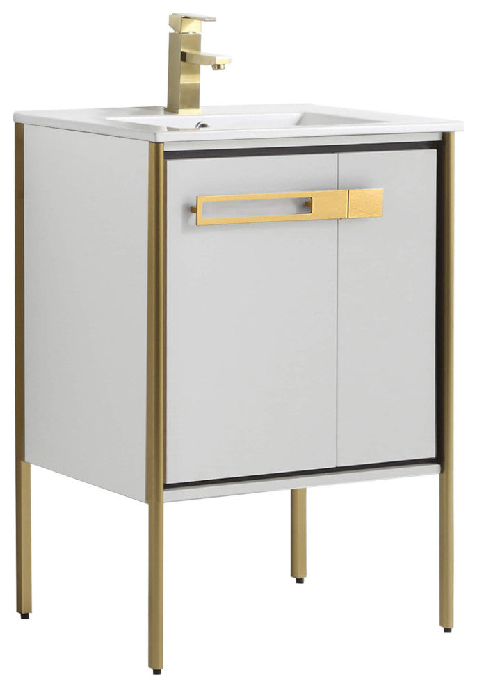 Oakville Bath Vanity, Ceramic Sink, White Matte, 24 Inch, Satin Brass Hardware
