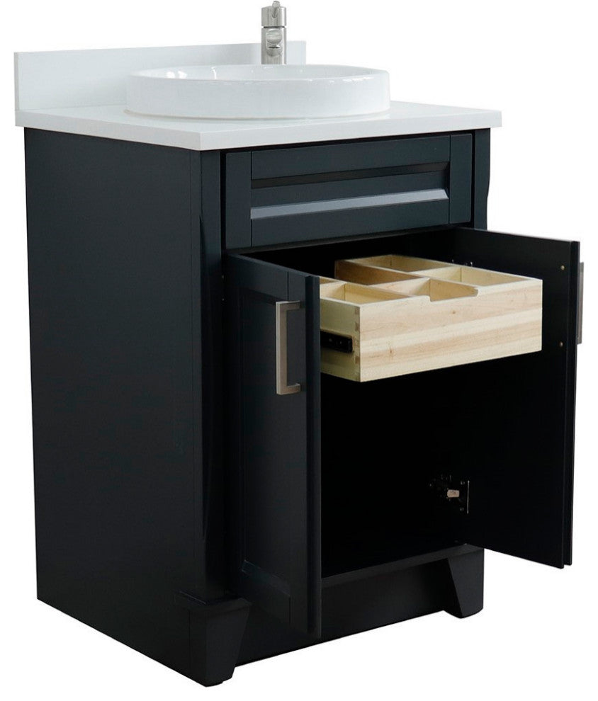 25" Single Sink Vanity, Dark Gray Finish With Engineered Stone Top, Round Sink