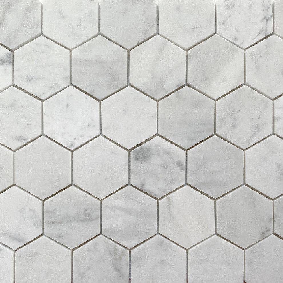 Carrara White Marble 2" Hexagon Mosaic Tile Venato Carrera Honed, 1 sheet