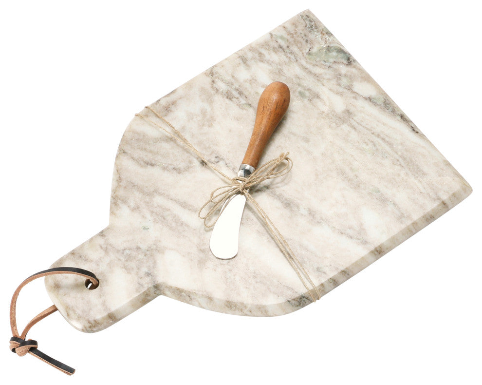 Marble Cheese and Cutting Board, Handle, Leather Tie and Canape Knife, Buff