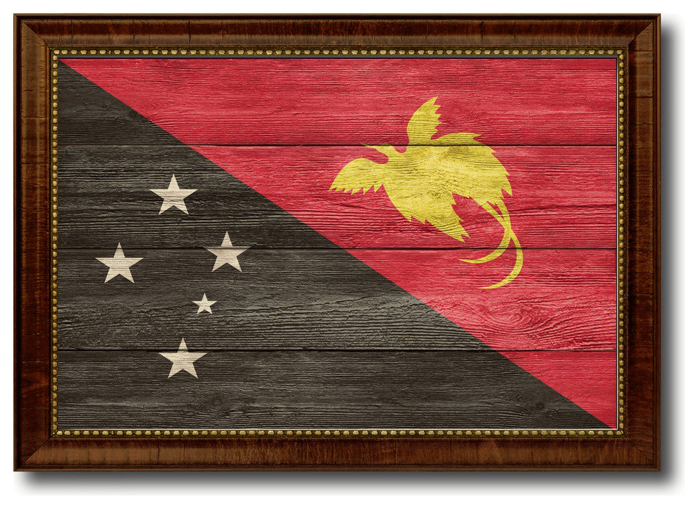 Papua New Guinea Country Textured Flag Print With Brown Gold Frame, 19"X27"