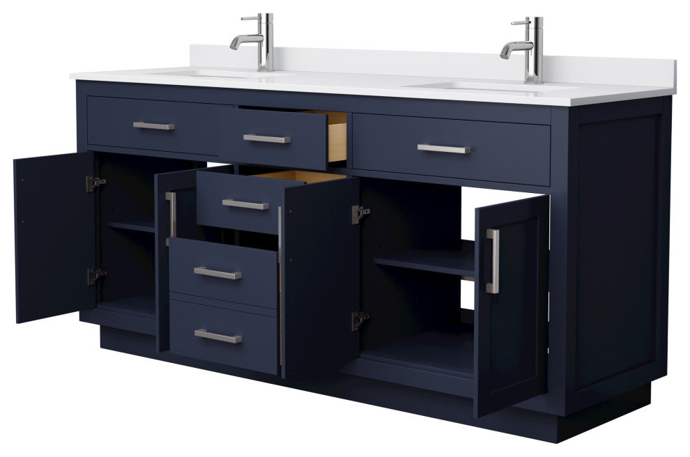 Beckett TK 72" Dark Blue Double Vanity,  Cultured Top, Nickel Trim