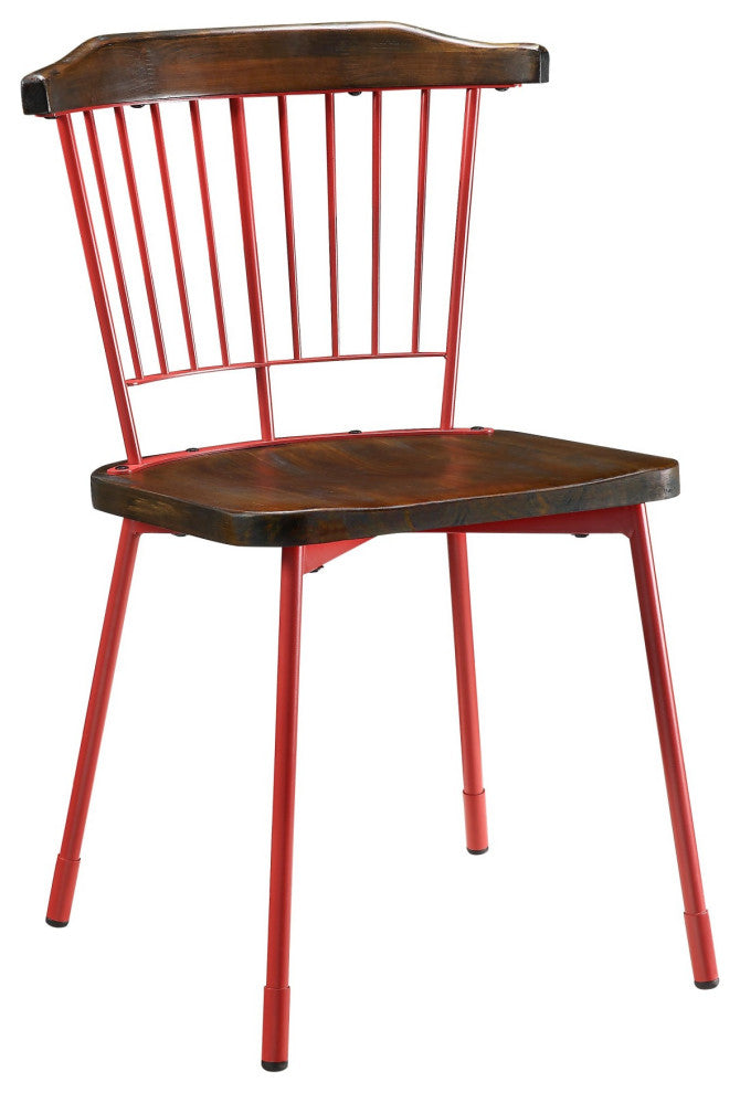 21" X 19" X 32" Brown Oak Wood and Red Metal Base Side Chair Set of 2