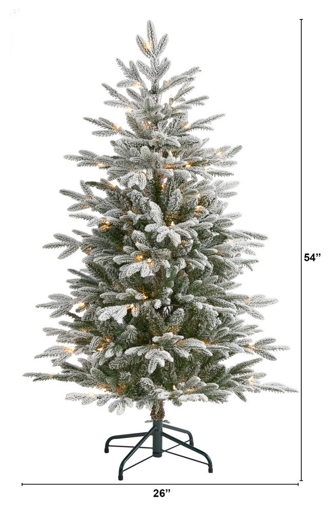 4.5' Flocked Manchester Spruce Faux Xmas Tree W/100 Lights & Bendable Branches