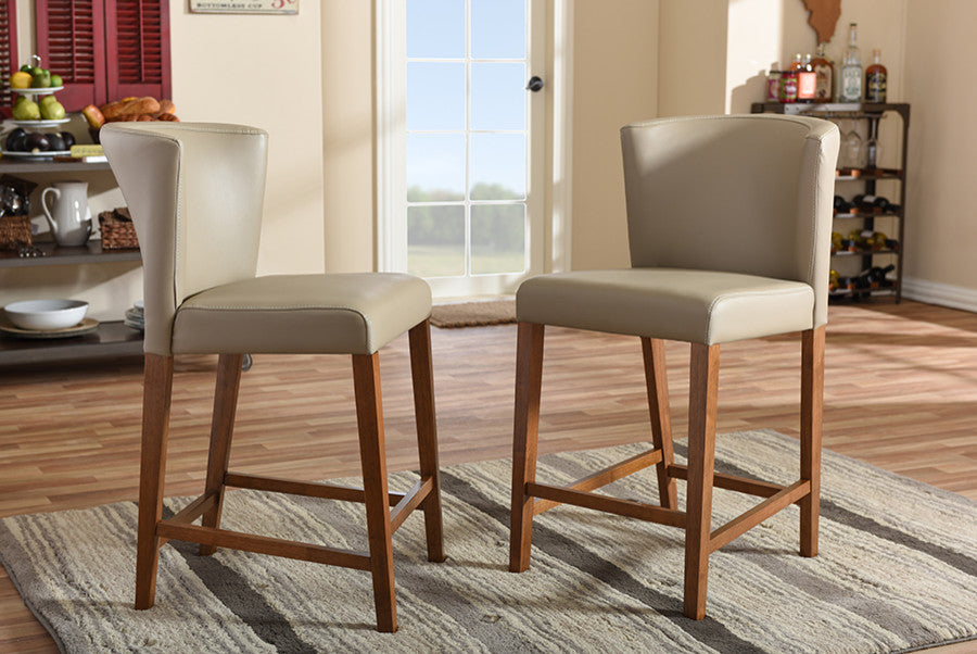 Olivia Dark Walnut Wood Gray Faux Leather Pub Stool, Set of 2