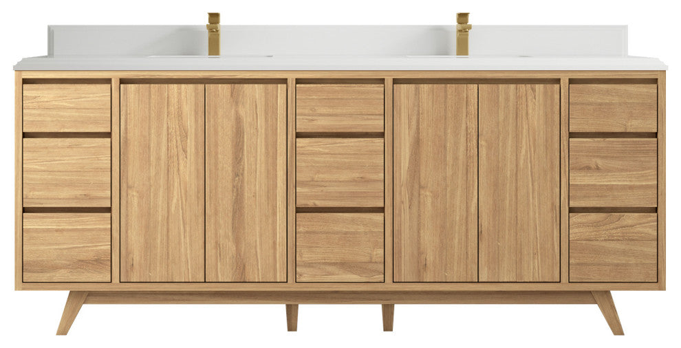 Madison Teak 84 Double Sink Bath Vanity in Light Natural 1.5" White Quartz