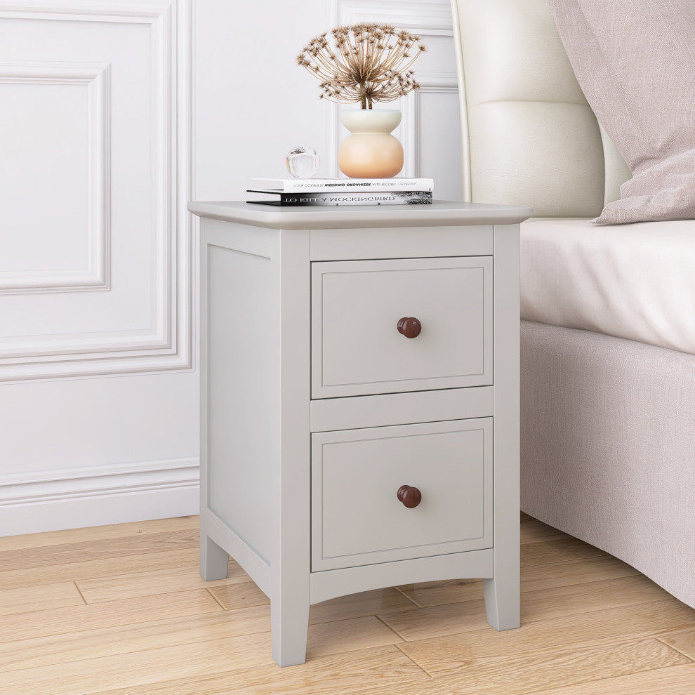 2 Drawers Solid Wood Nightstand End Table, Grey