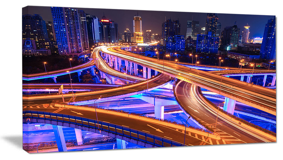Colorful City Overpass at Night, Cityscape Canvas Art Print, 32"x16"