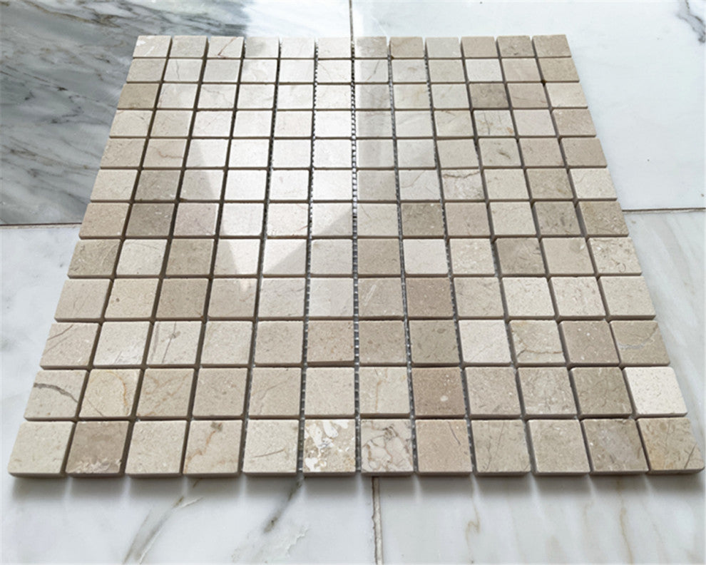 Crema Marfil Marble 1" Grid Square Mosaic Bathroom Beige Tile Polished, 1 sheet
