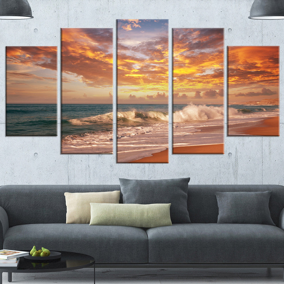 Waves under Colorful Clouds, Large Seashore Canvas Print, 60"x32", 5 Panels
