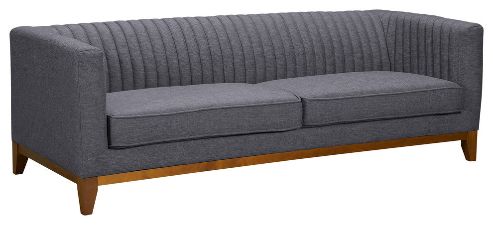 Prism Mid-Century Sofa In Champagne Wood Finish And Dark Gray Fabric