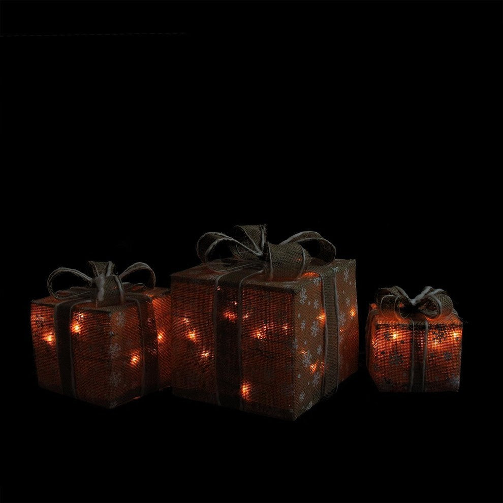Snowflake Burlap Gift Boxes Christmas Decorations, 3-Piece Set