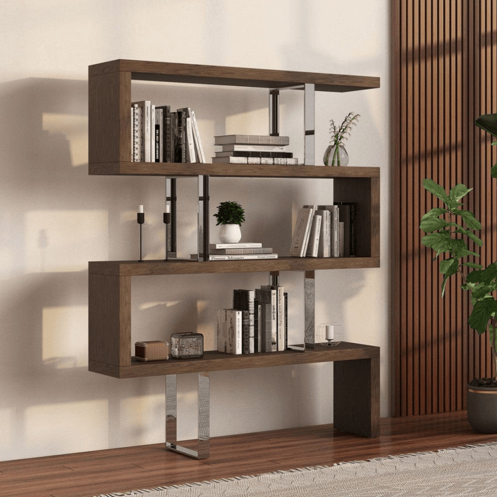 67" Walnut Manufactured Wood Four Tier Zig Zag Bookcase