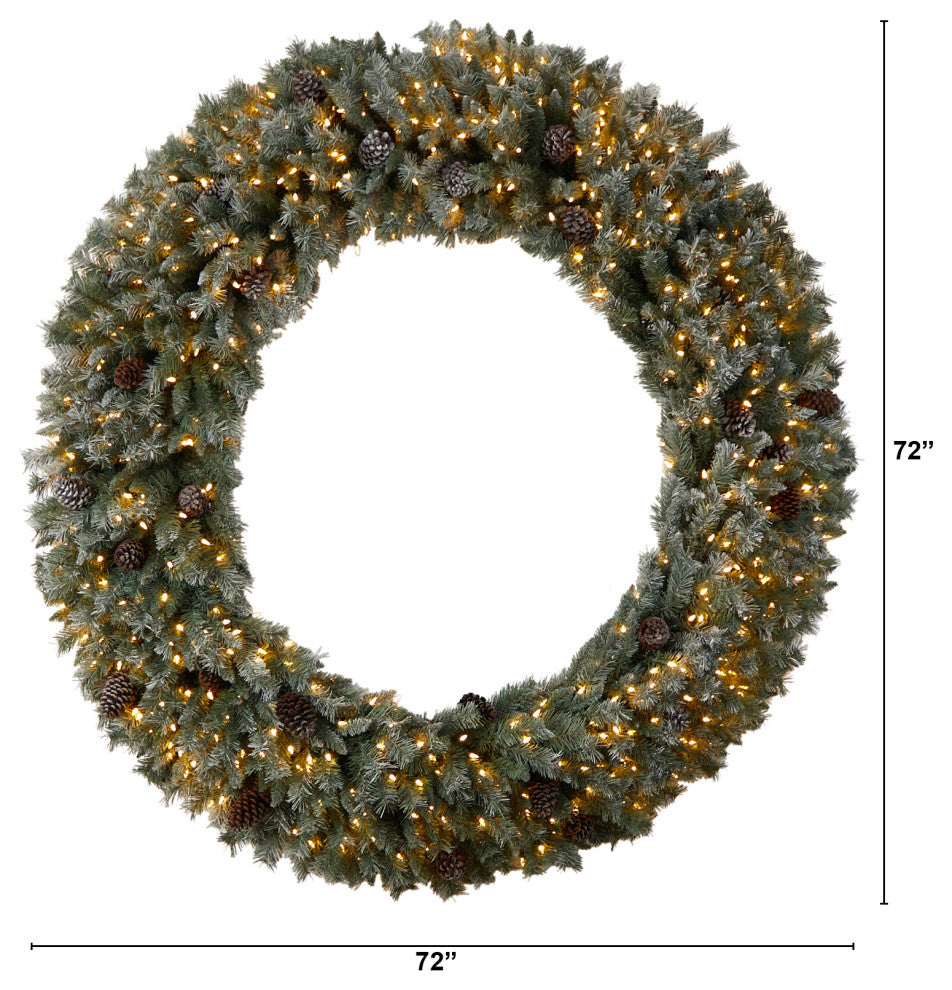 6' Giant Flocked Christmas Artificial Wreath With Pinecones, 600 Clear LEDs