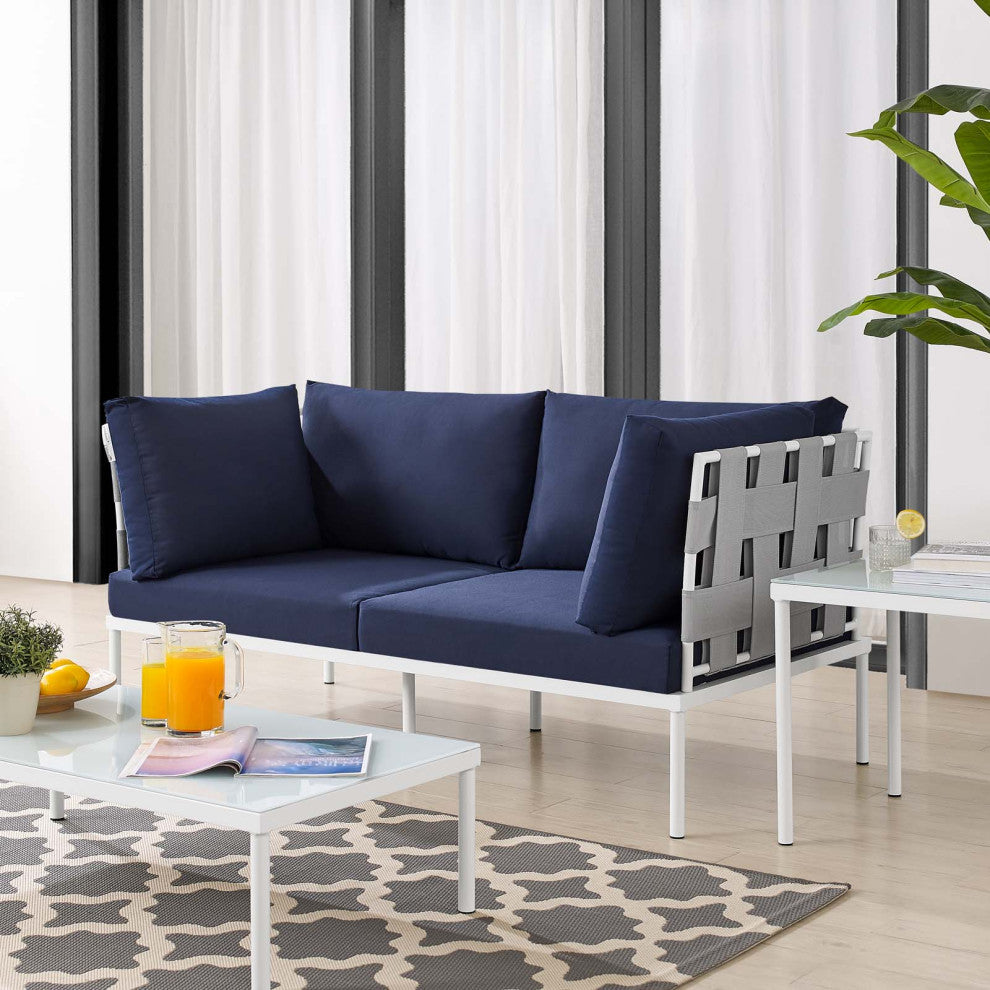 Lounge Loveseat Sofa, Sunbrella, Aluminum, Metal, Gray Blue Navy, Outdoor