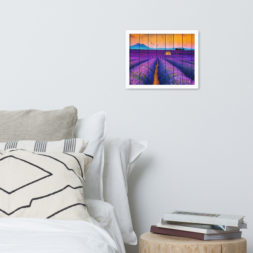 Faux Wood Lavender Fields and Sunset Landscape Framed Photo Paper Wall Art Print, White, 11" X 14"