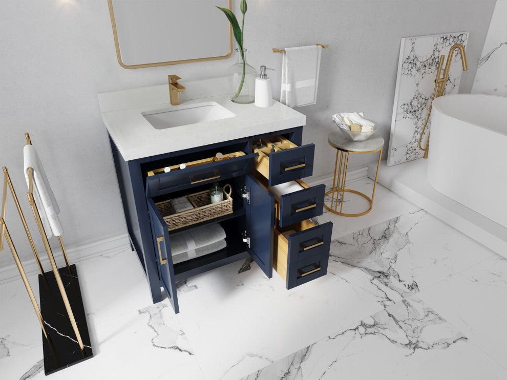 Cambridge 36 Left Offset Bath Vanity in Hale Navy Blue 1.5" Calacatta Laza