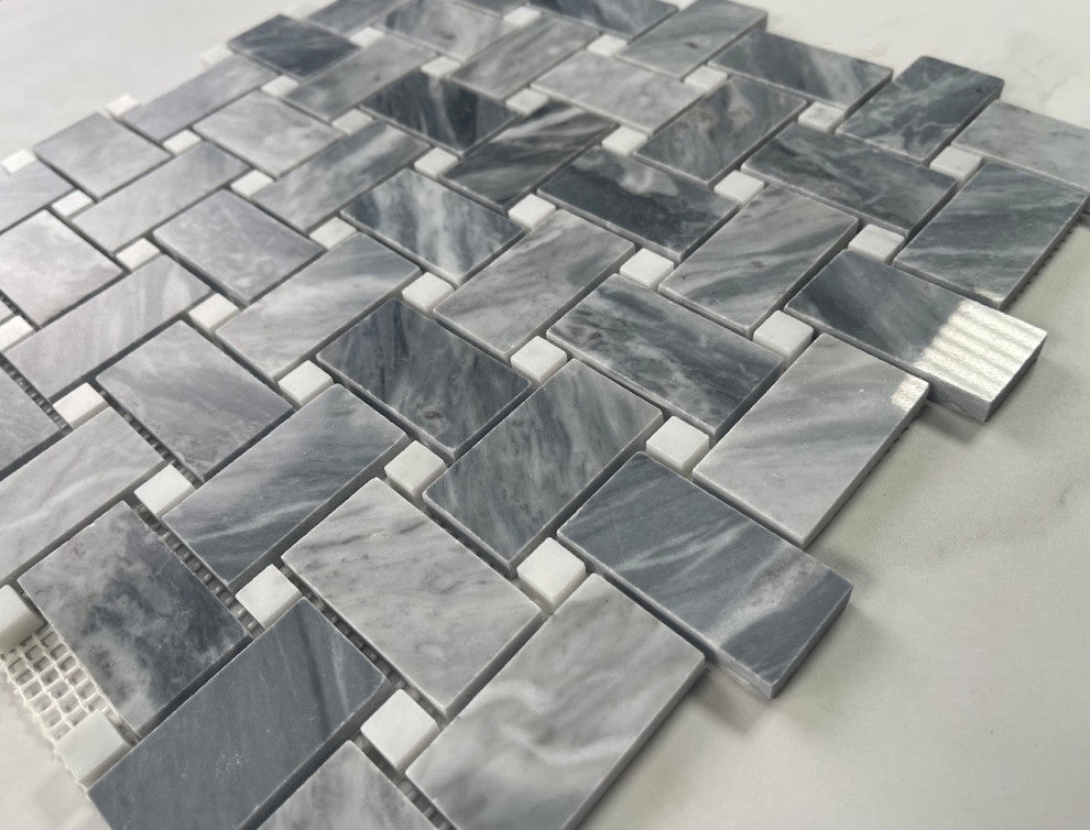 Bardiglio Gray Dark Grey Marble 1x2 Basketweave Mosaic Tile Polished, 1 sheet