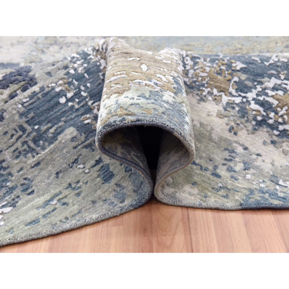Gray Abstract Design, Hand Knotted Natural Wool Round Oriental Rug, 8'1"x8'5"
