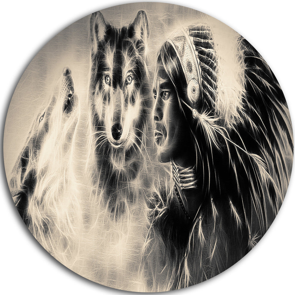 Indian Warrior With Wolves, Digital Art Large Disc Metal Wall Art, 36"