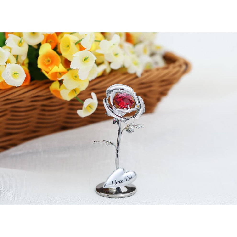 Matashi Chrome Plated Silver Rose Flower Tabletop Ornament With Red Crystals