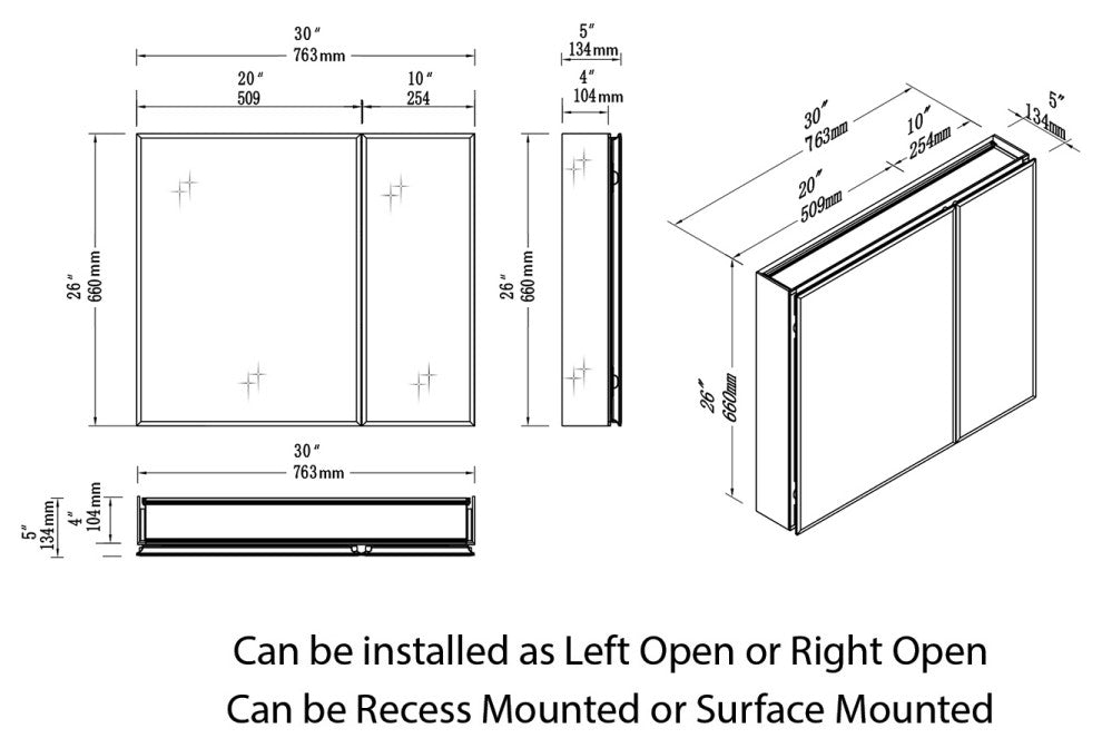 Aluminum Bathroom Medicine Cabinet, Recess Or Surface Mount, 30"x26"