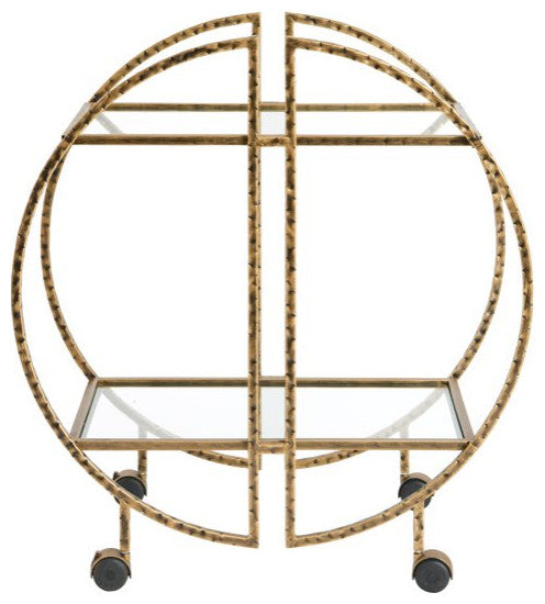 Modern Bar Cart, Unique Hammered Brass Finished Frame With 2 Glass Shelves