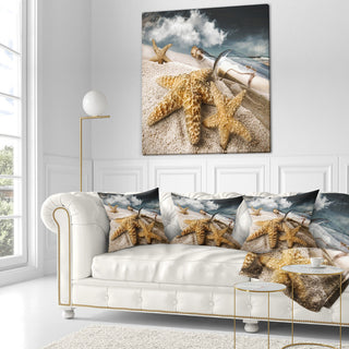 Message Bottle Buried in Sand Seascape Throw Pillow, 18"x18"