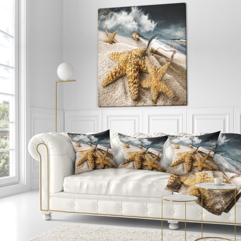 Message Bottle Buried in Sand Seascape Throw Pillow, 18"x18"