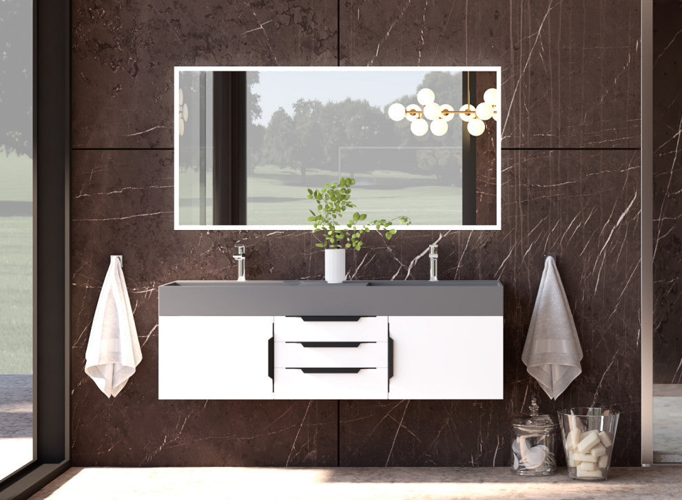 CastelloUSA Amazon 60" Wall Mounted Bathroom Vanity Set, White, Gray Top, Black Handles