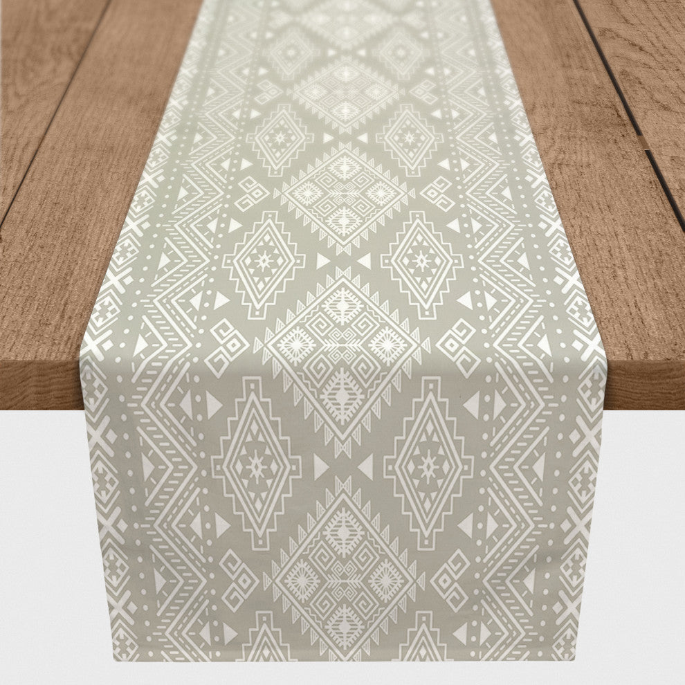 Greige Tribal Pattern 16x90 Cotton Twill Runner