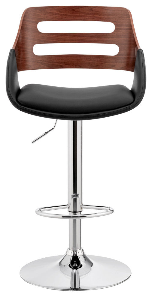 Black Faux Leather and Walnut Wood Adjustable Bar Stool