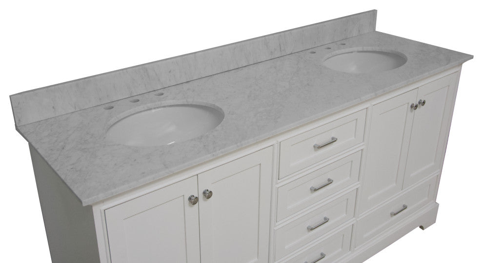 Harper 72" Double Bathroom Vanity, White, Carrara Marble