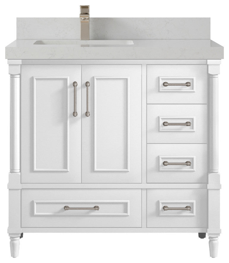 Aberdeen 36 Left Offset Bath Vanity in White 2" Carrara Quartz