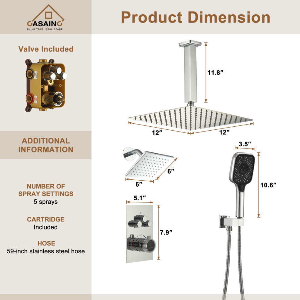CASAINC 12" Ceiling Mounted Rainfall Shower System Set w Dual Shower Head, Chrome