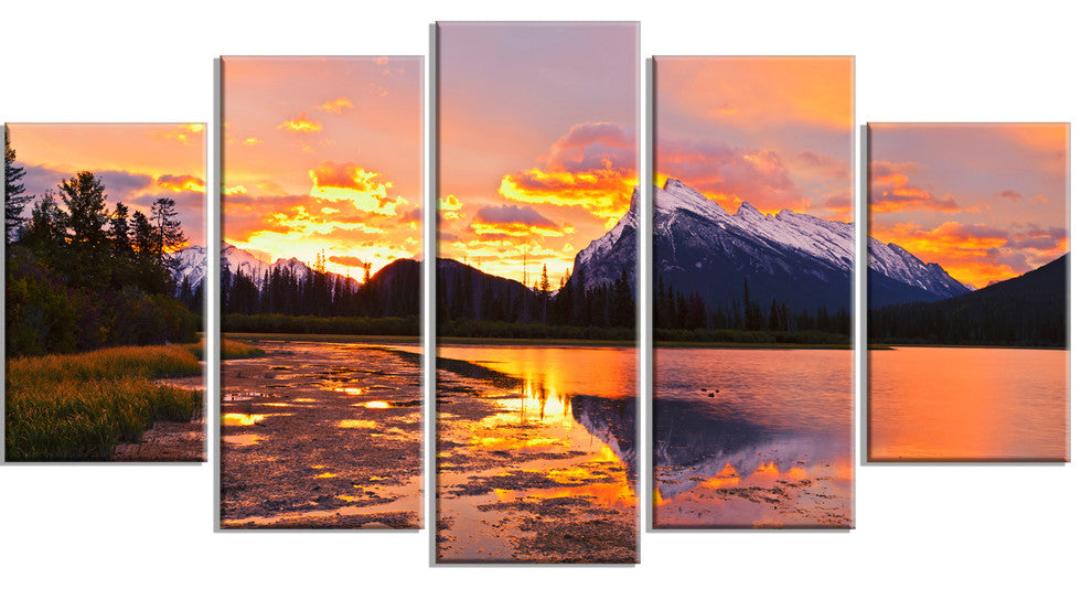 "Sunset Above Vermilion Lakes" Landscape Canvas Photo Print, 5 Panels, 60"x32"