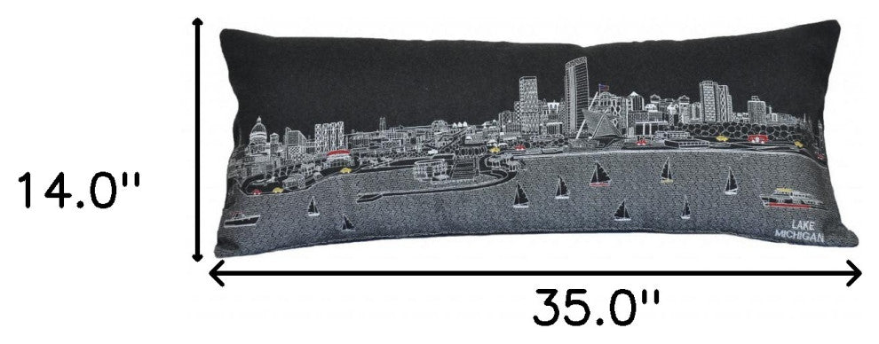 35" Black Milwaukee Nighttime Skyline Lumbar Decorative Pillow