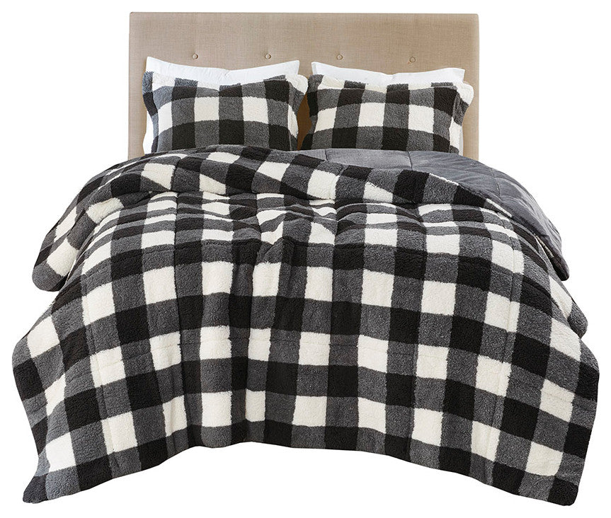 Sleep Philosophy Brooks Sherpa Black and White Buffalo Check Comforter Set