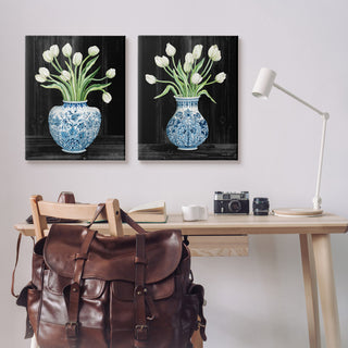 White Tulips Chinese Ceramic Urn Patterned Porcelain, 2pc, each 24 x 30