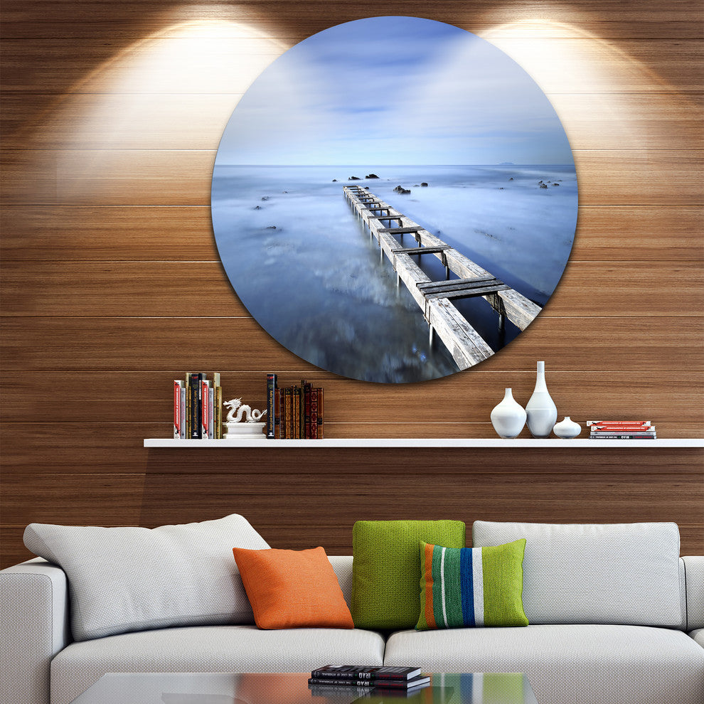 Dark Blue Sky And Pier, Seascape Photo Large Disc Metal Wall Art, 11"