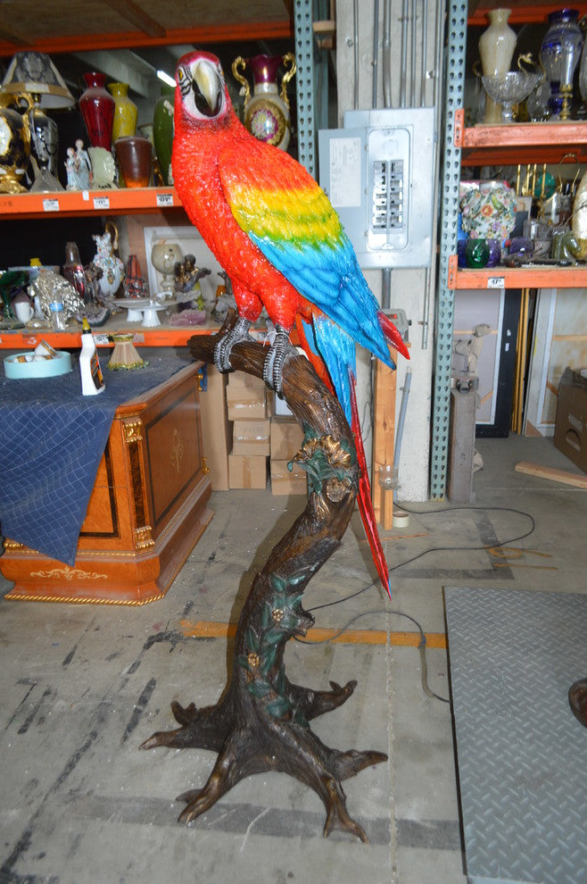 Single Red and Blue Parrot on a tree Bronze Statue -  Size: 30"L x 24"W x 66"H