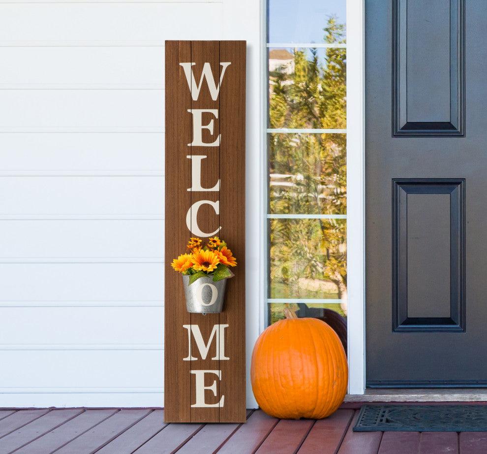 42" Wooden WELCOME Porch Sign With Metal Planter, Natural