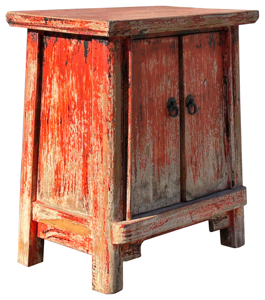 16.25" Oriental Distressed Orange Red 2 Doors End Table Nightstand Chest