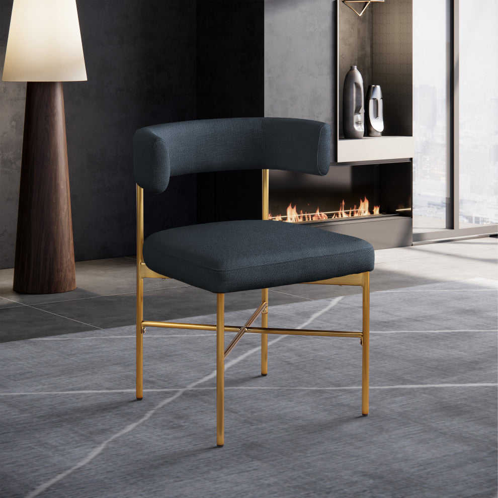 Rivage Durable Linen Textured Fabric Dining Chair, Set of 2, Navy, Brushed Gold Finish