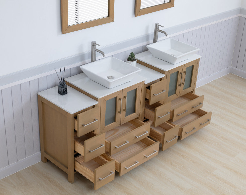 Vanity Art Bathroom Vanity Set With Sink, Natural Oak, 72", Standard Mirror