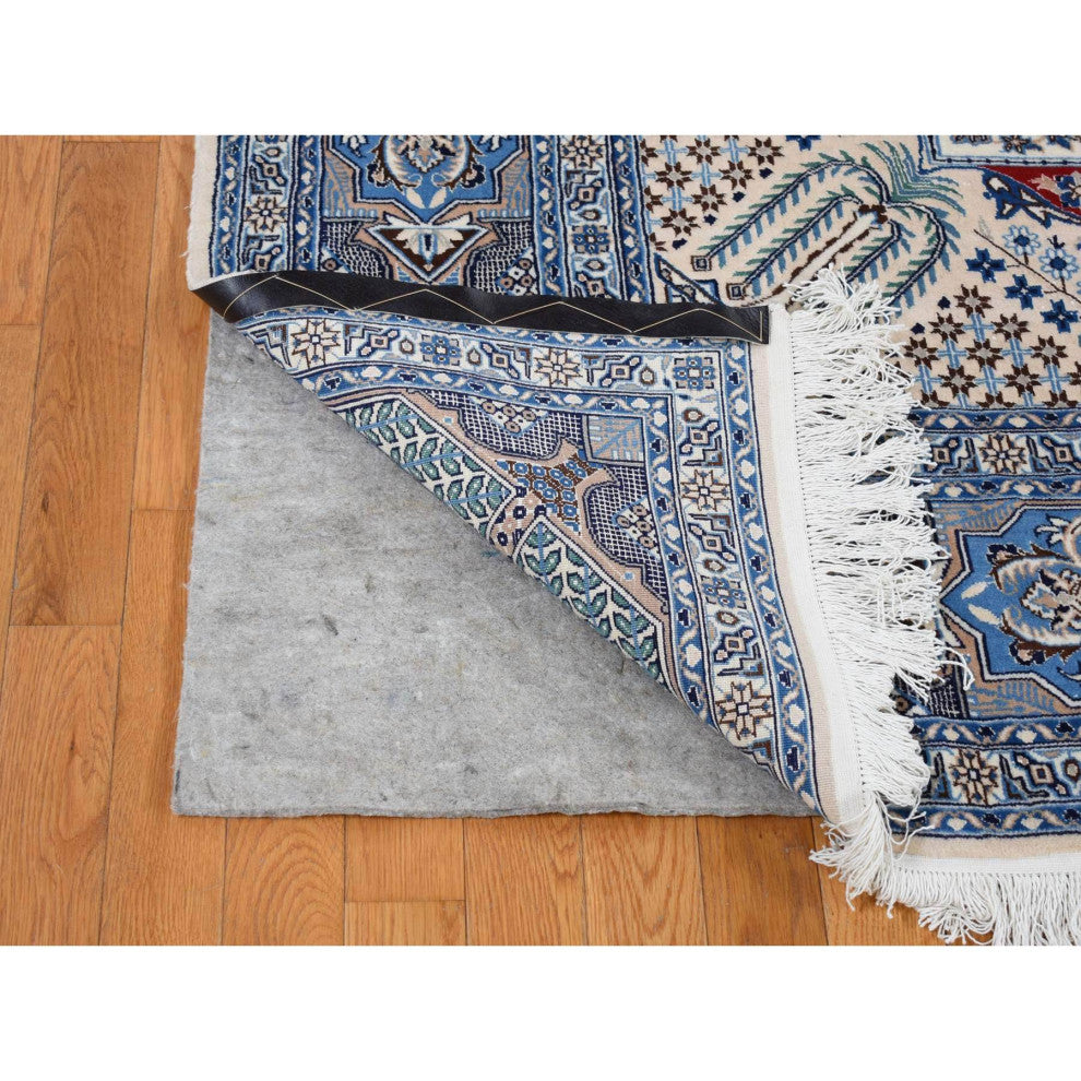 Red New Persian Nain Flower Rosettes Wool and Silk Hand Knotted Rug 7'3"x10'9"
