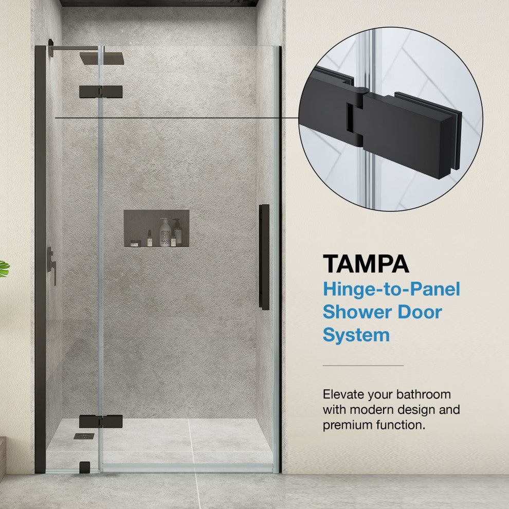 Tampa Corner Frameless Pivot Hinge Shower Door Kit With Base Pan, Black, 48x36"
